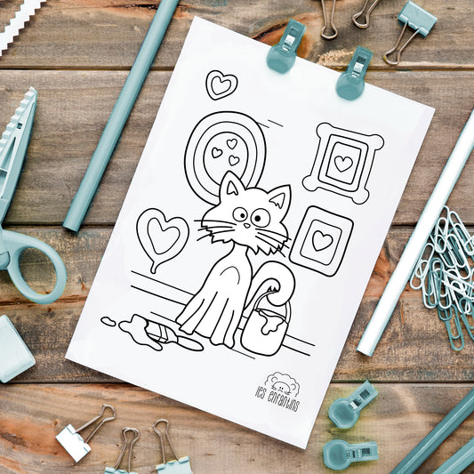 Coloriage à imprimer chez soi | Le chat amoureux - gratuit