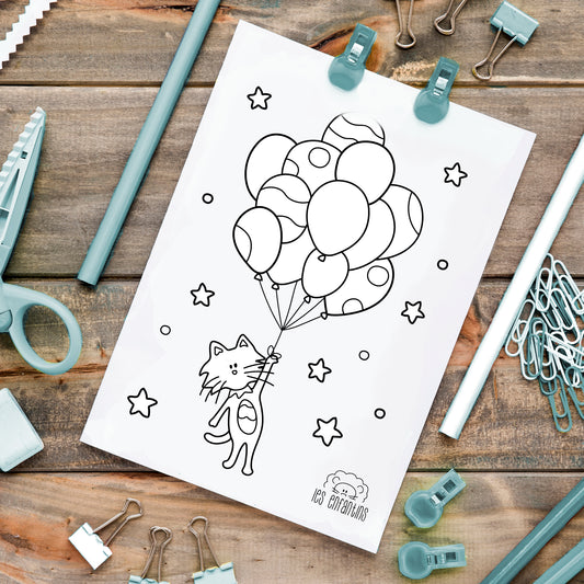 Coloriage à imprimer chez soi | Le chat et les ballons - gratuit