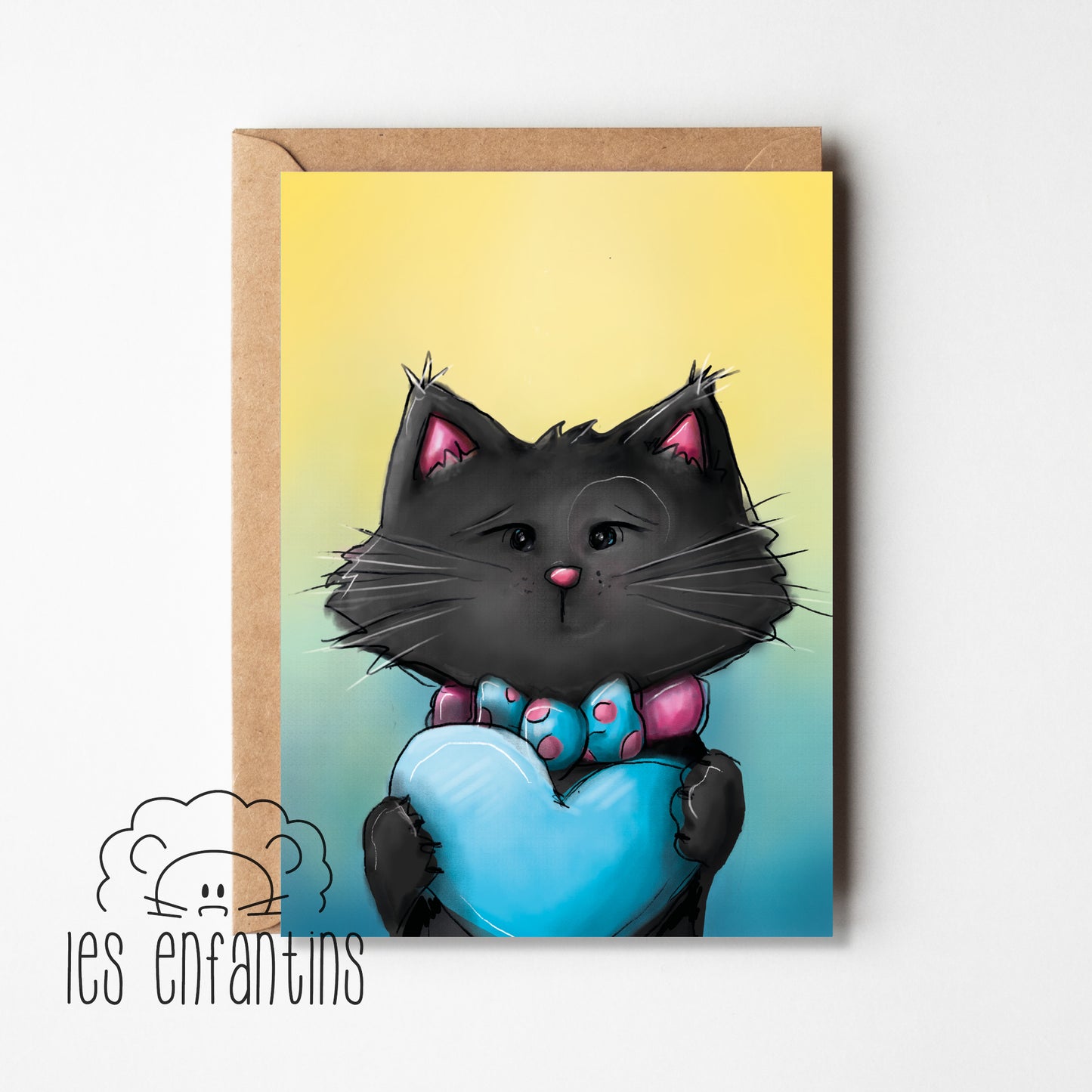 Carte de souhaits | Le chat noir et le coeur bleu