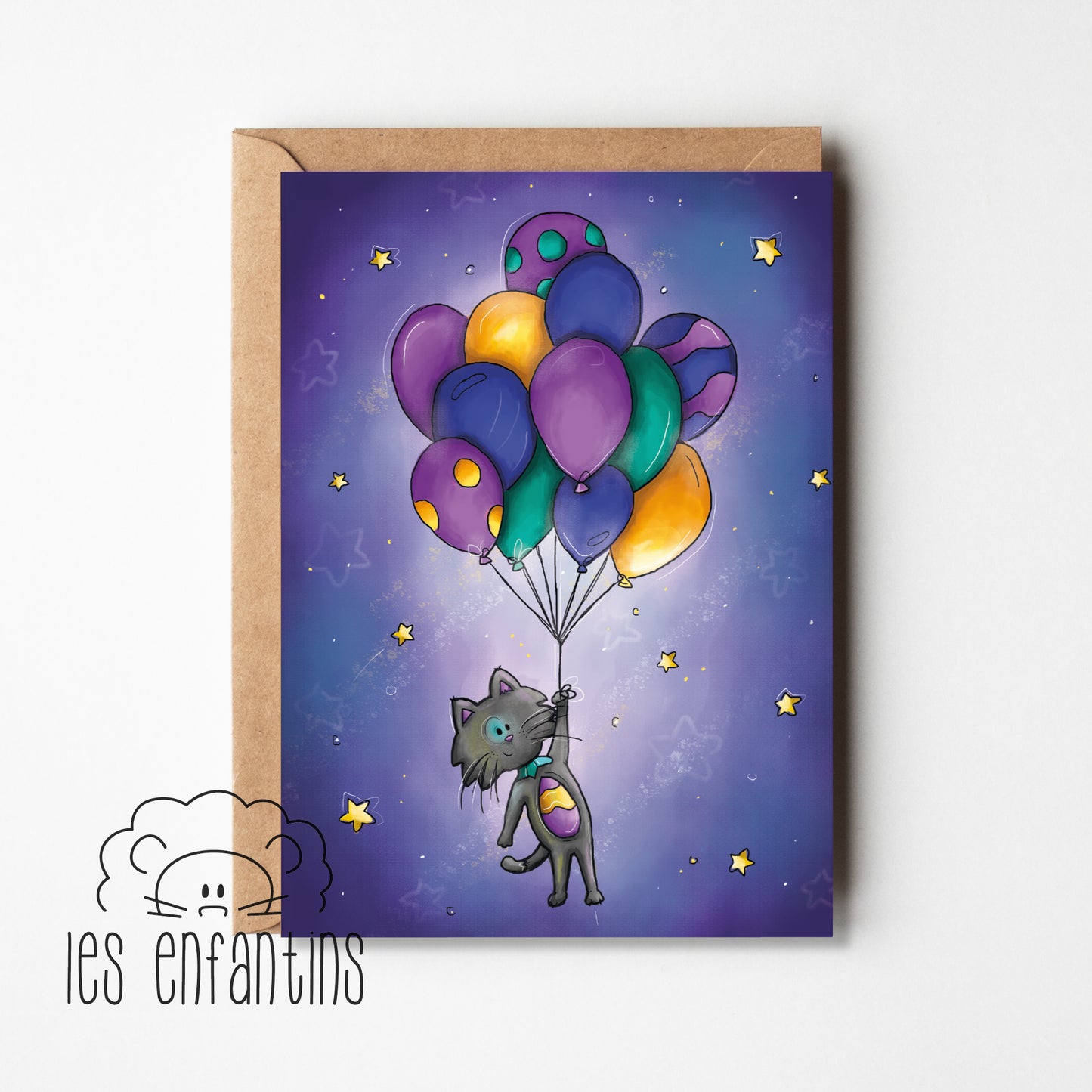 Carte de souhaits | Le chat noir et les ballons de fête