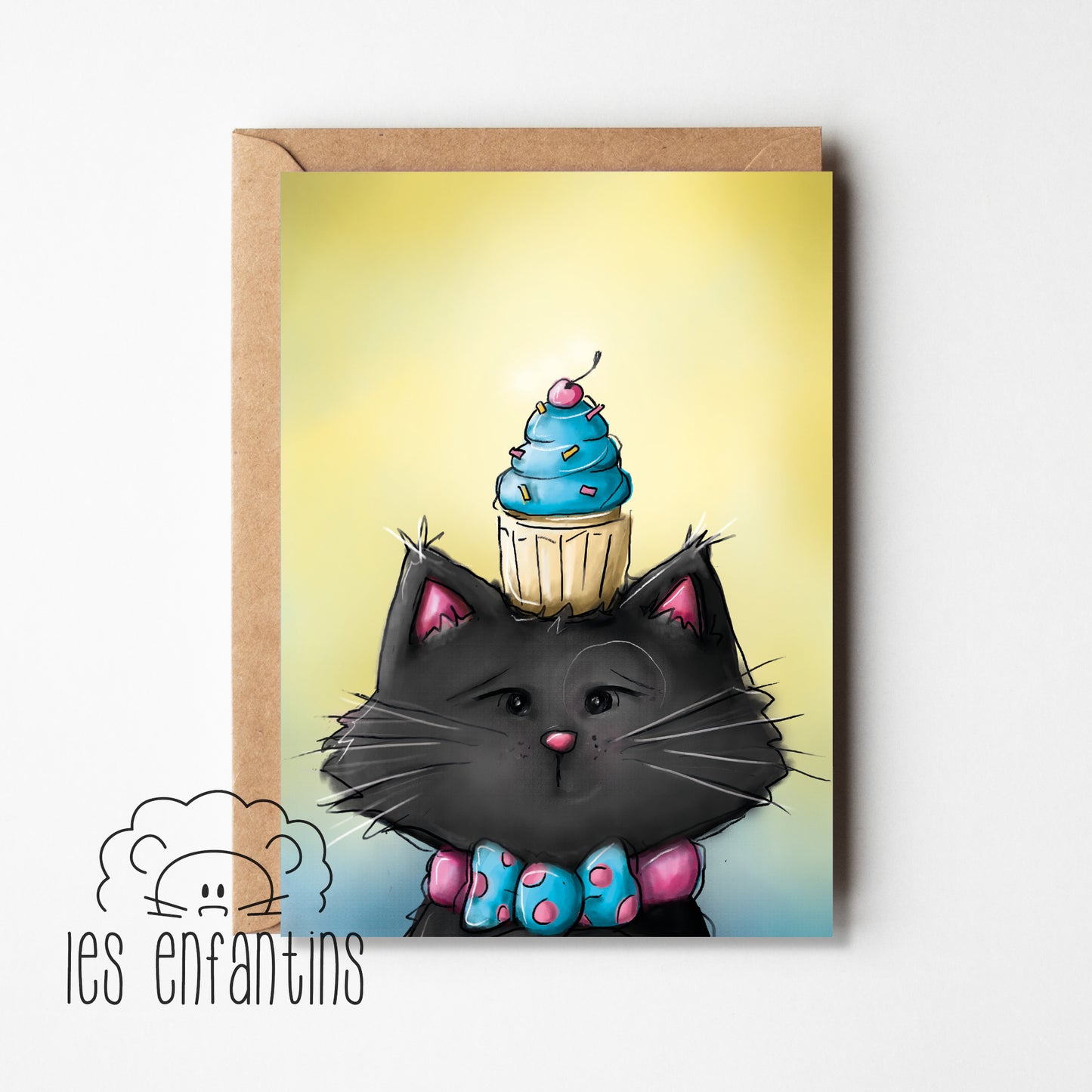 Carte de souhaits | Le chat noir et son cupcake