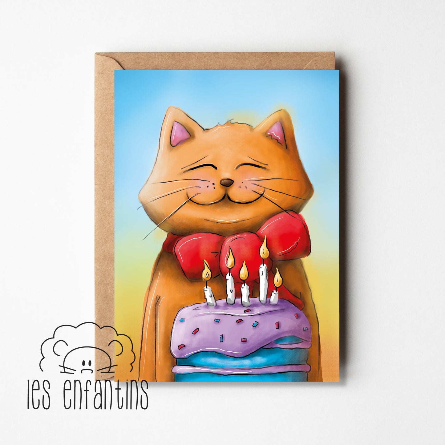 Carte de souhaits | Le chat et son gâteau de fête