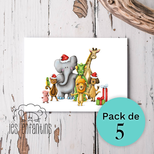 Pack de 5 cartes de souhaits | Les animaux fêtent Noël (petite)