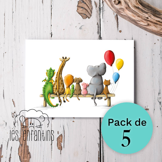 Pack de 5 cartes de souhaits | Les animaux sur le banc (petite)